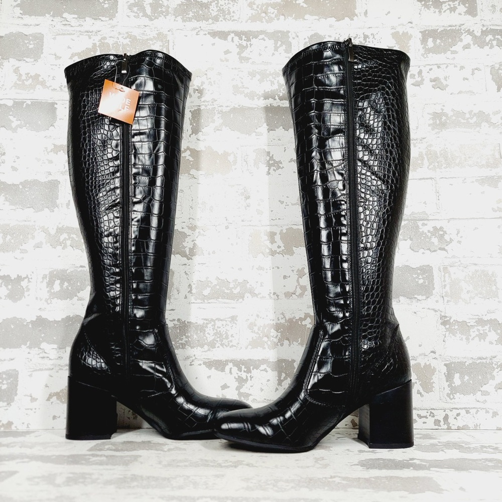 NEW Franco Sarto Talfer Knee High Faux Leather Black Croc Boots T541 - Picture 5 of 12